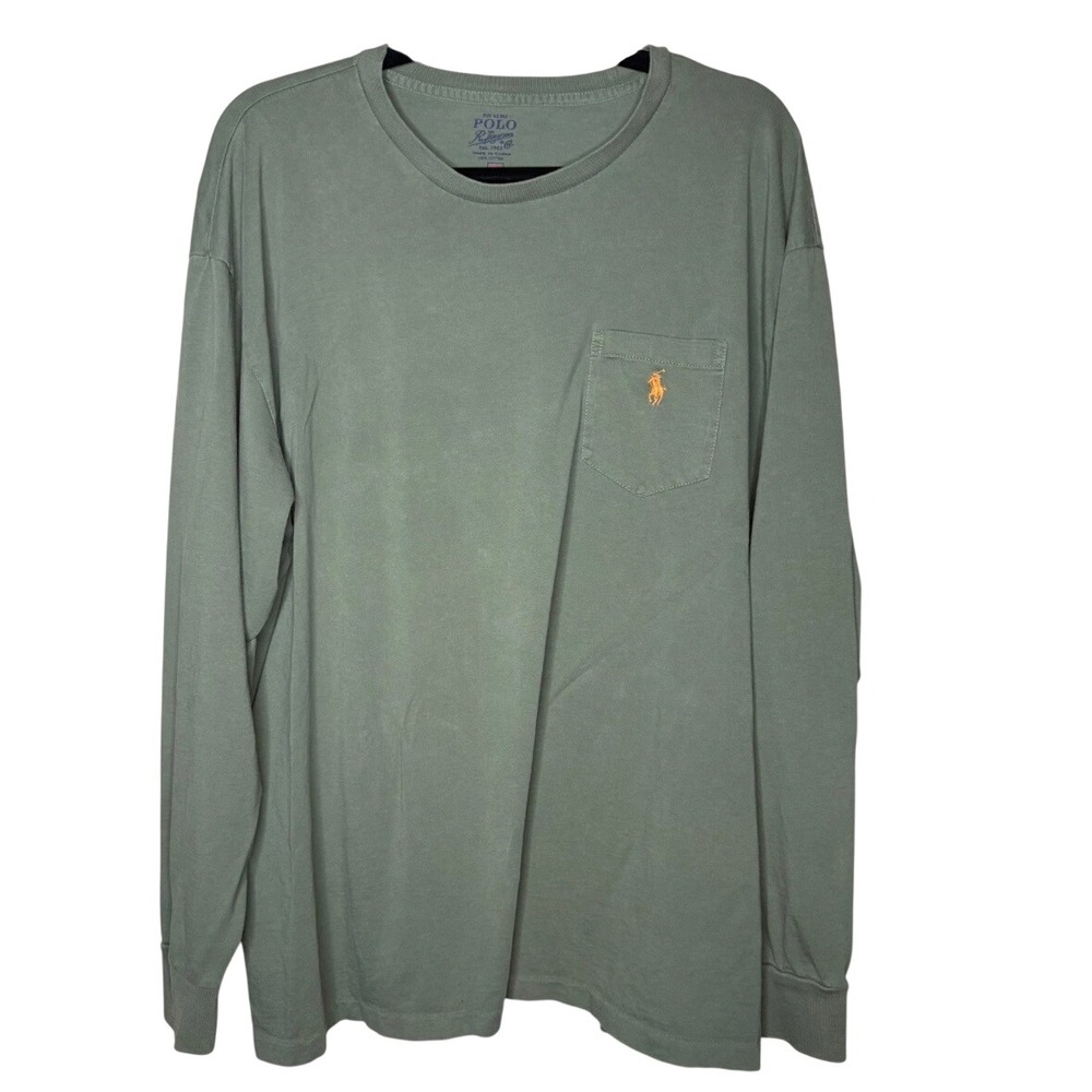 Polo Ralph Lauren Mens XXL Long Sleeve Pocket T-Shirt Olive Green Orange Pony